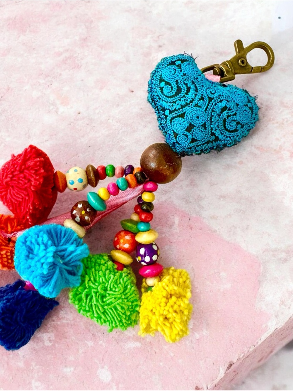 Boho chic Handmade Turquoise puffy Heart Pom-Pom Keychain with Multicolor Beads